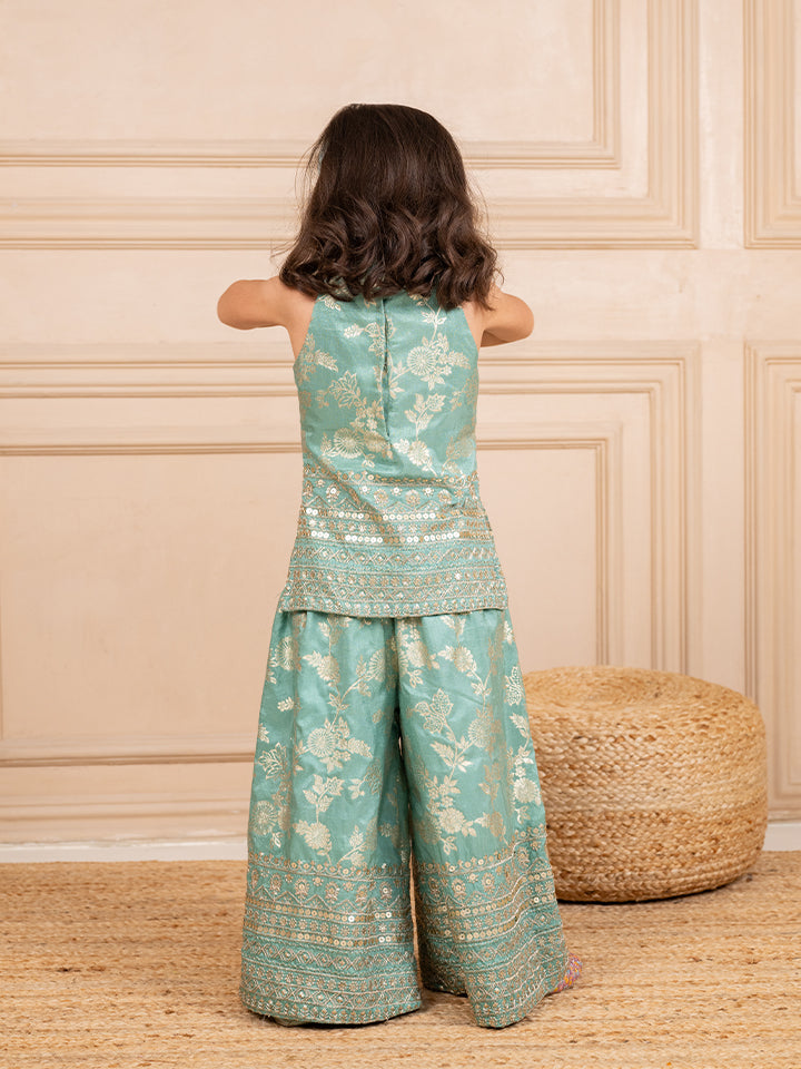 Girls Dola Silk embroidered Mint Sleeveless Top with Palazzo (Set of 2)