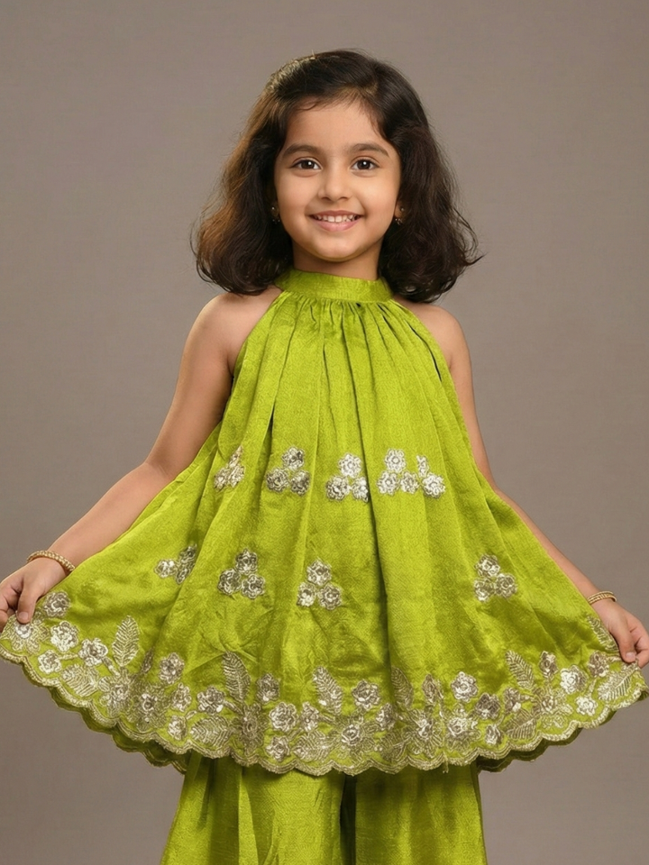 Girls Embroidered Parrot Green Flared Top and Palazzo (Set of 2)