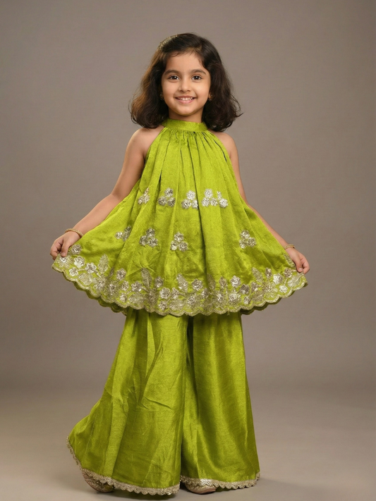 Girls Embroidered Parrot Green Flared Top and Palazzo (Set of 2)