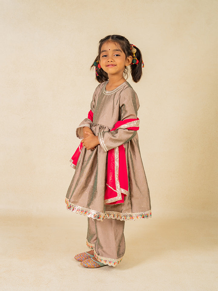 Girls Gray Anarkali Top and Palazzo with Dupatta (Set of 3)