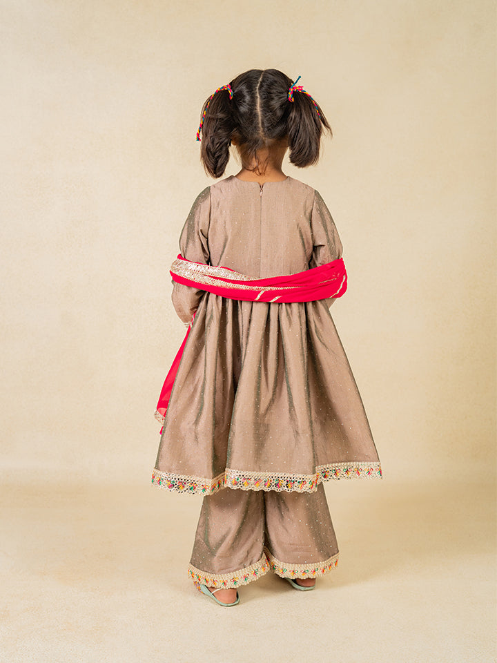 Girls Gray Anarkali Top and Palazzo with Dupatta (Set of 3)