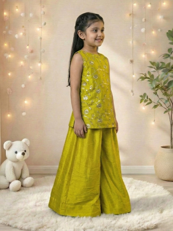 Girls Green Embroidered Silk Top with Palazzo (Set of 2)