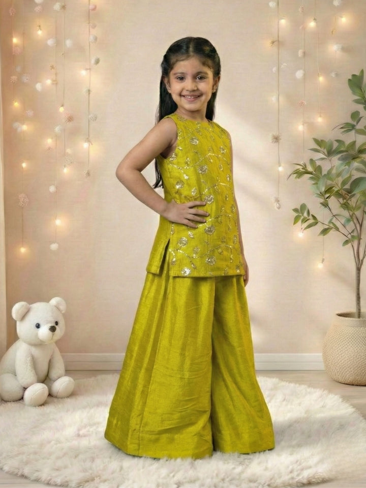 Girls Green Embroidered Silk Top with Palazzo (Set of 2)