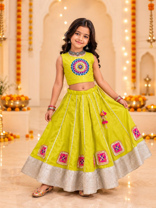 Girls Green Embroidered Top with Flared Lehenga Set (Set of 2)