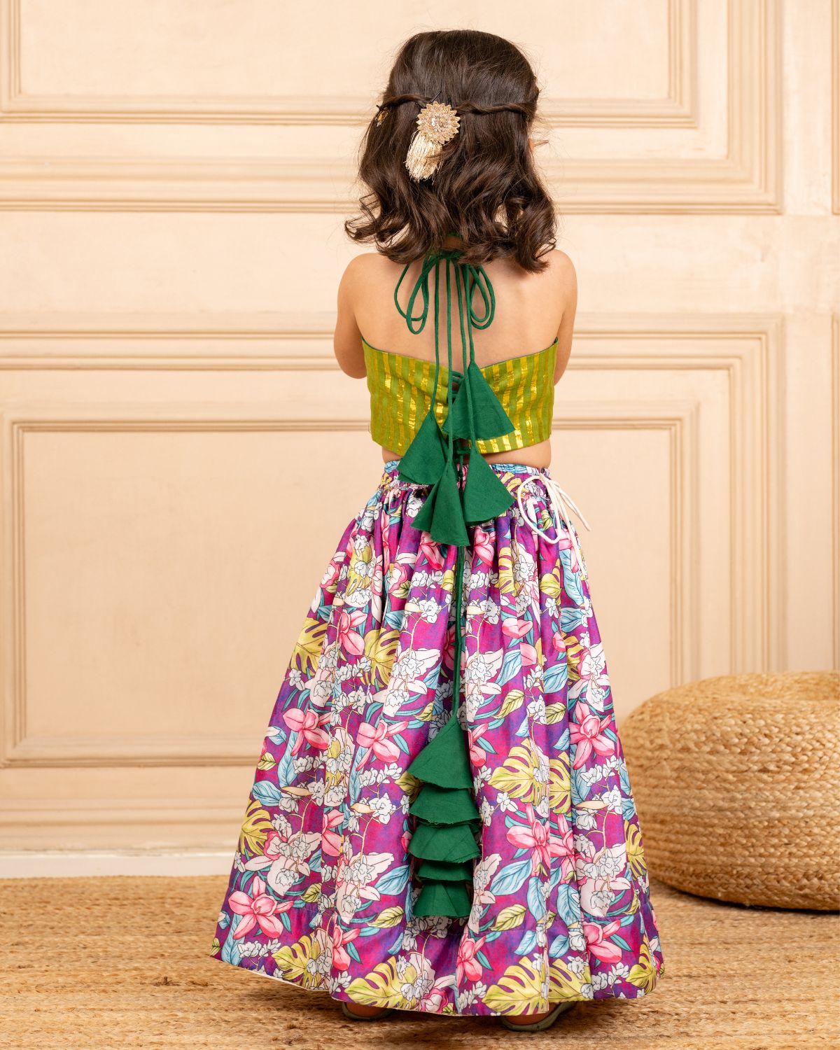 Premium Green Matching Kurta & Printed Lehenga Set for Kids
