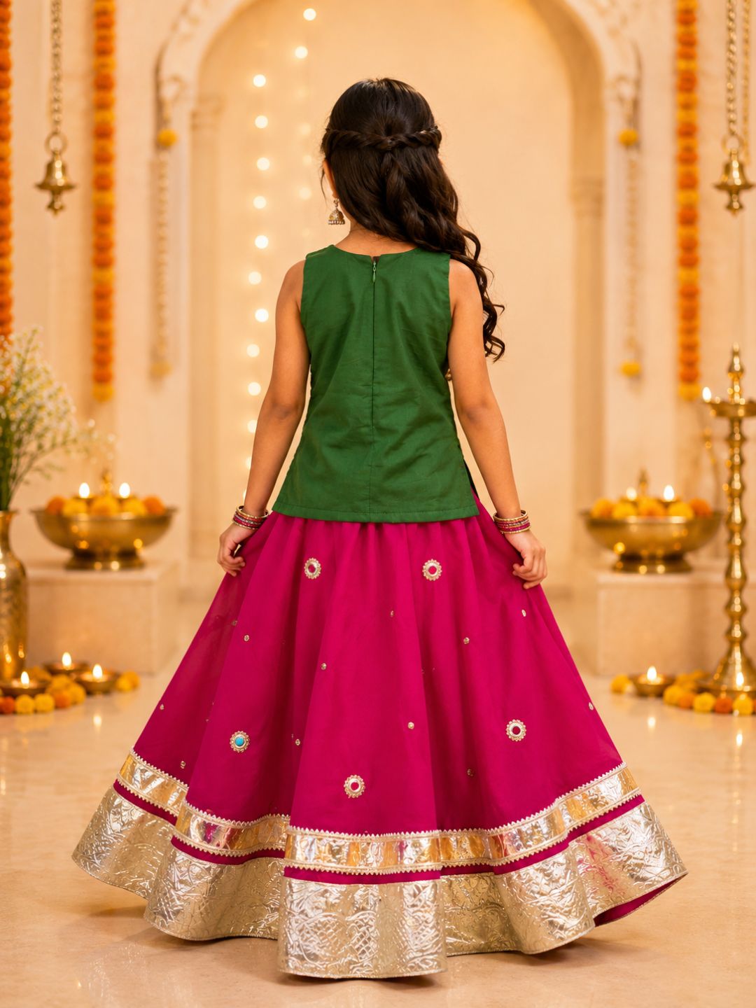 Girls Green Mirror Work Top with Pink Flared Lehenga Set (Set of 2)