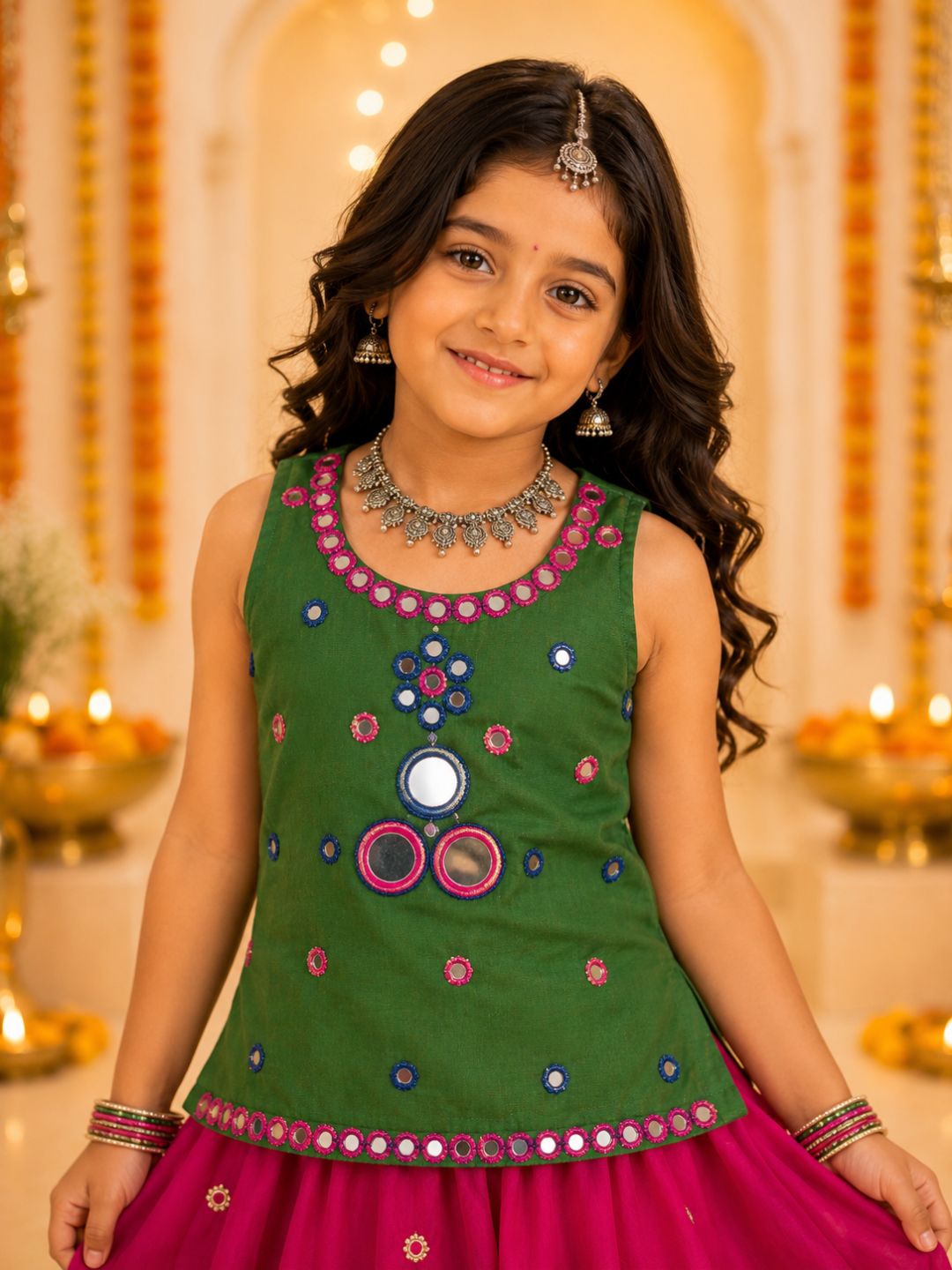 Girls Green Mirror Work Top with Pink Flared Lehenga Set (Set of 2)