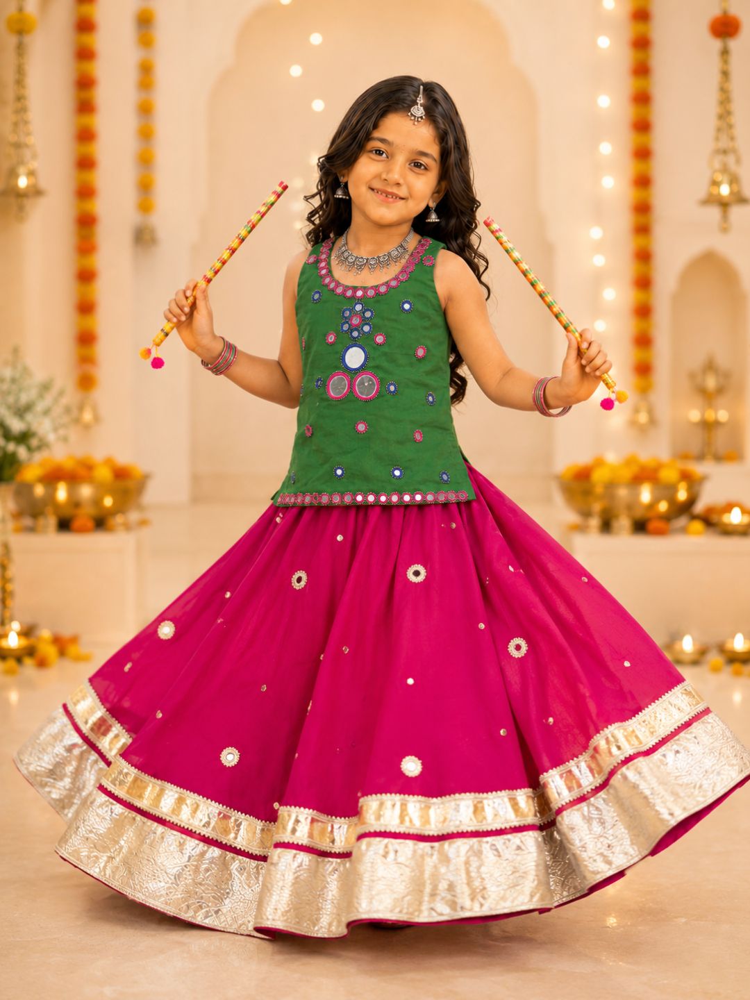 Girls Green Mirror Work Top with Pink Flared Lehenga Set (Set of 2)
