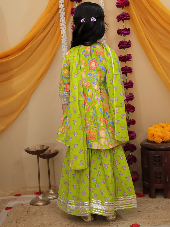Girls Green Printed Cotton Anarkali Sharara Set with Dupatta (Set of 3)