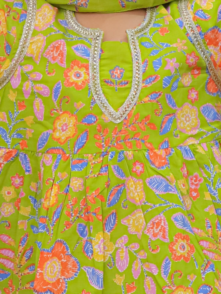 Girls Green Printed Cotton Anarkali Sharara Set with Dupatta (Set of 3)