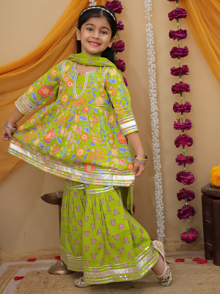 Girls Green Printed Cotton Anarkali Sharara Set with Dupatta (Set of 3)