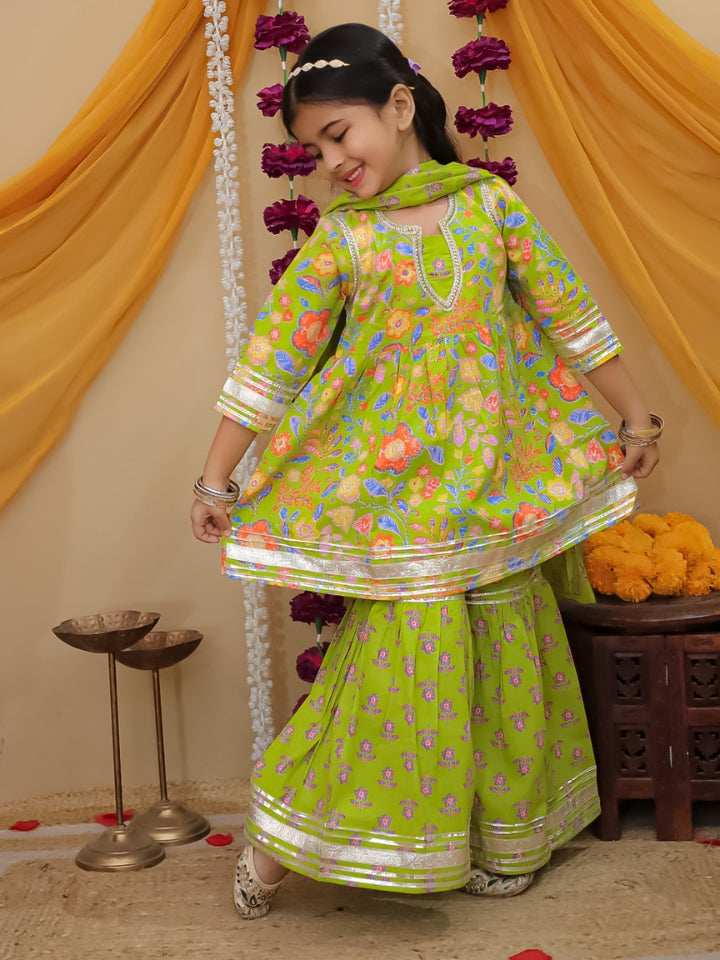 Girls Green Printed Cotton Anarkali Sharara Set with Dupatta (Set of 3)