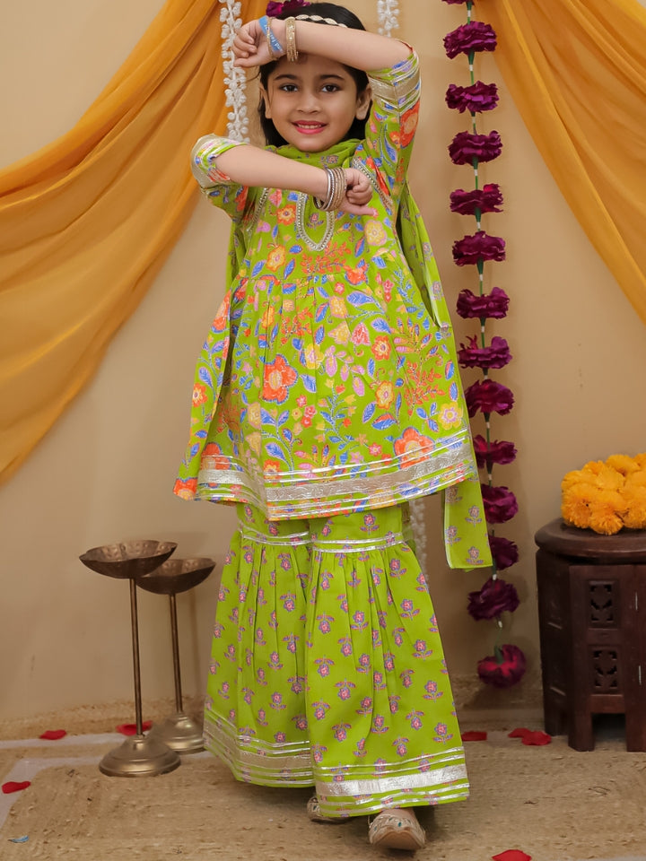 Girls Green Printed Cotton Anarkali Sharara Set with Dupatta (Set of 3)