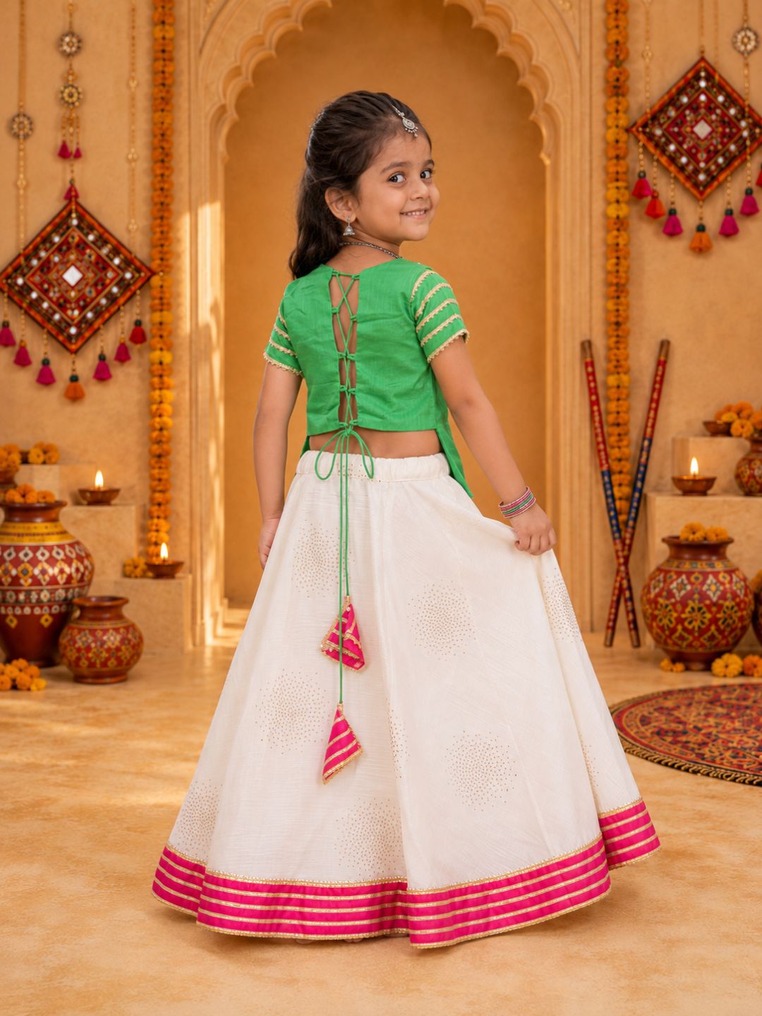 Girls Green Short-Sleeve Ethnic Top with White Flared Lehenga Set (Set of 2)