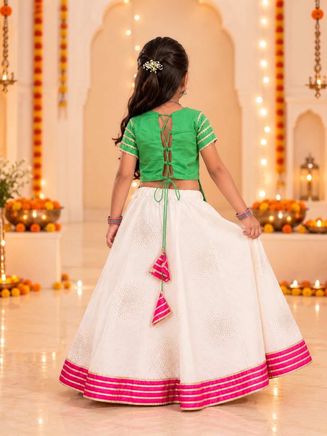 Girls Green Short-Sleeve Ethnic Top with White Flared Lehenga Set (Set of 2)