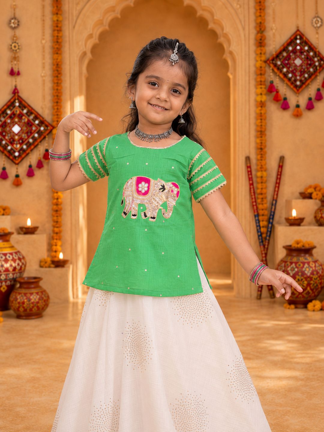 Girls Green Short-Sleeve Ethnic Top with White Flared Lehenga Set (Set of 2)