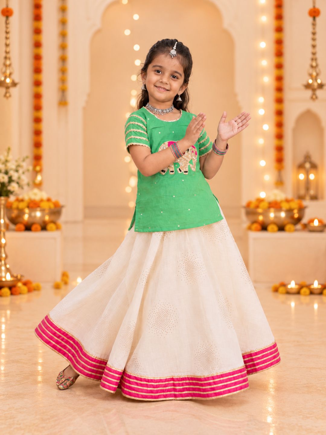 Girls Green Short-Sleeve Ethnic Top with White Flared Lehenga Set (Set of 2)