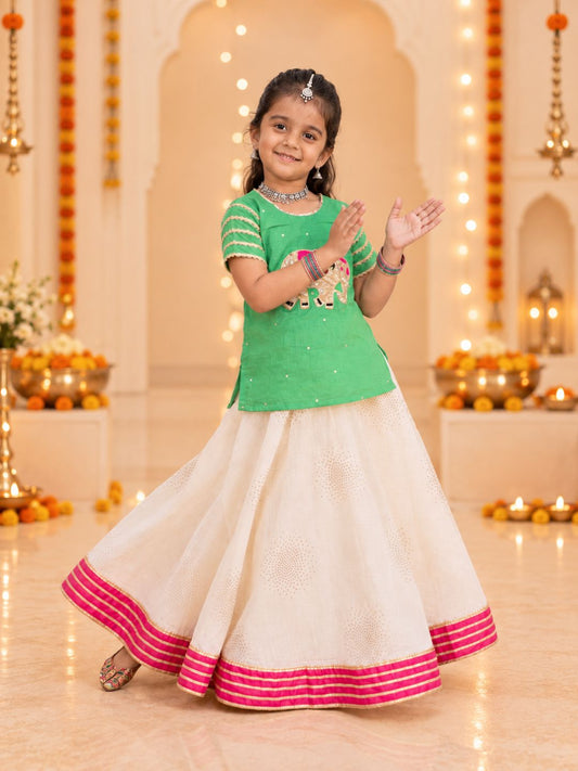 Girls Green Short-Sleeve Ethnic Top with White Flared Lehenga Set (Set of 2)
