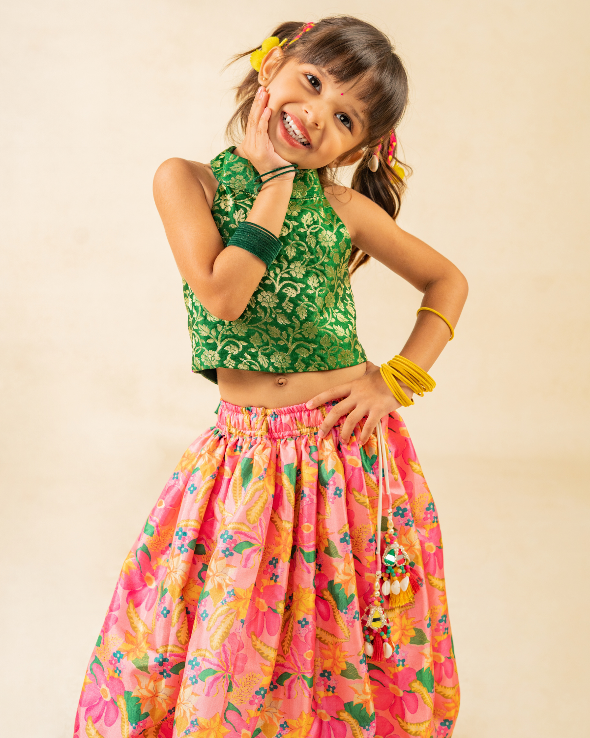 Boys Pink Kurta & Girls Floral Lehenga Matching Set