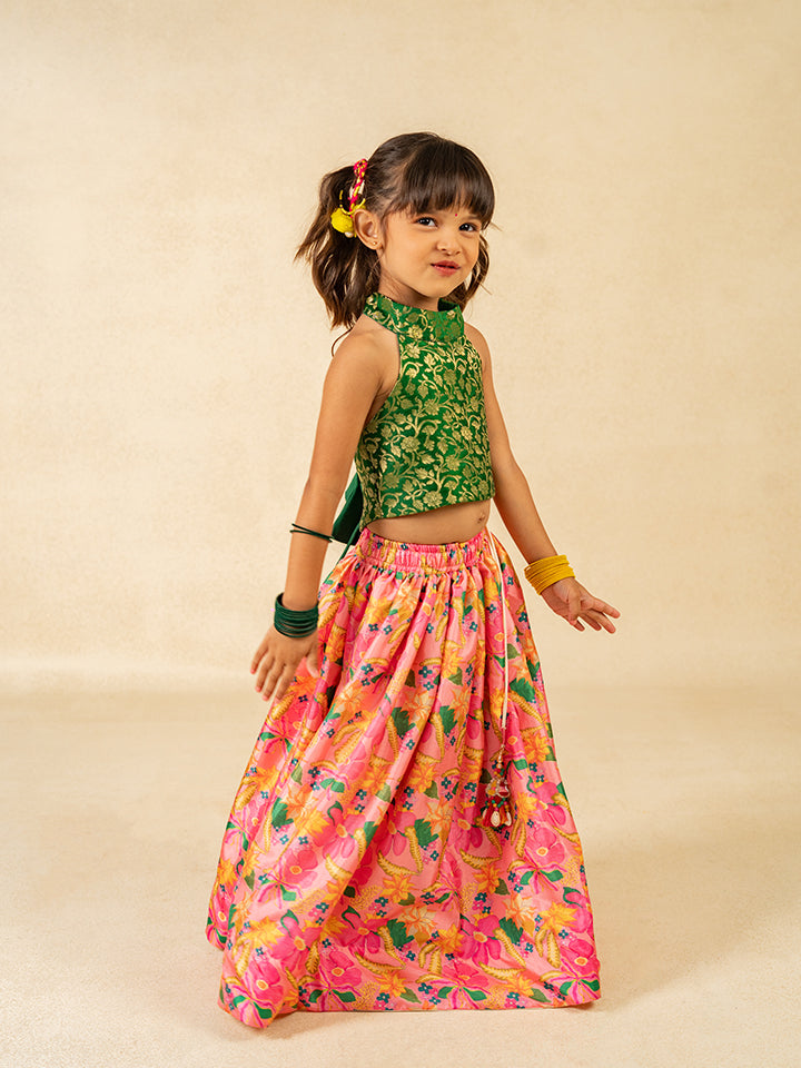 Girls Green Sleeveless Top and Roman Printed Lehenga (Set of 2)
