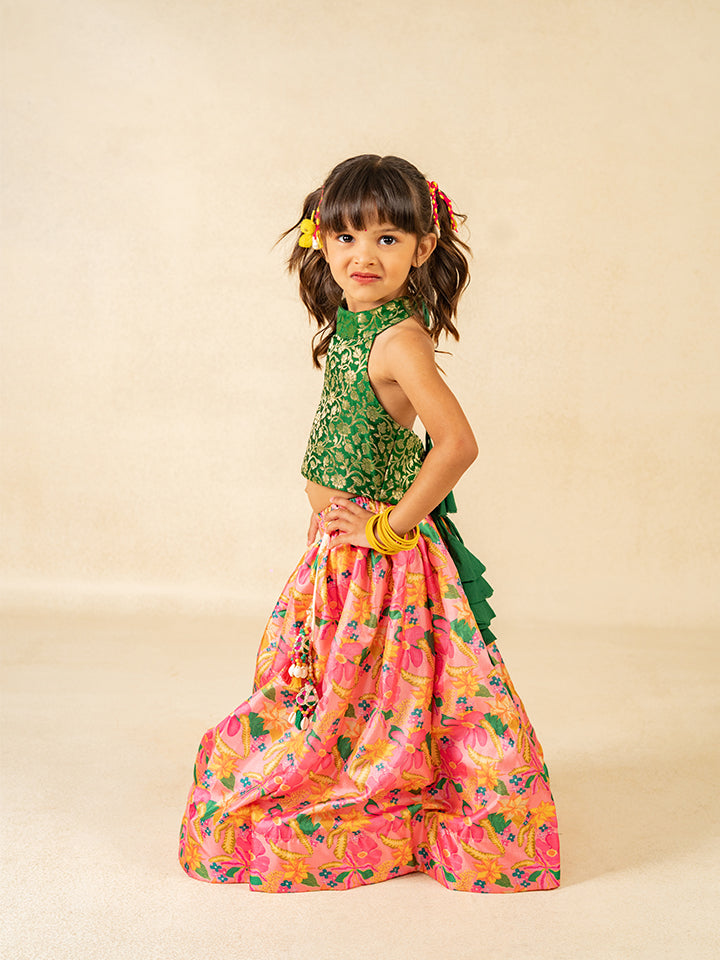 Girls Green Sleeveless Top and Roman Printed Lehenga (Set of 2)