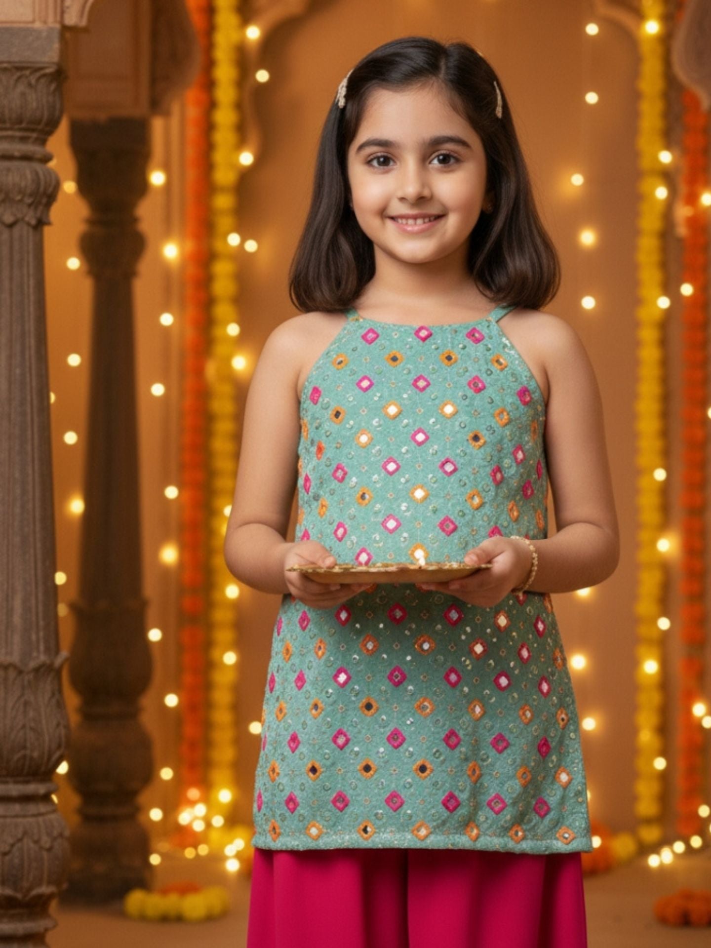 Girls Green Top and Pink Palazzo (Set of 2)