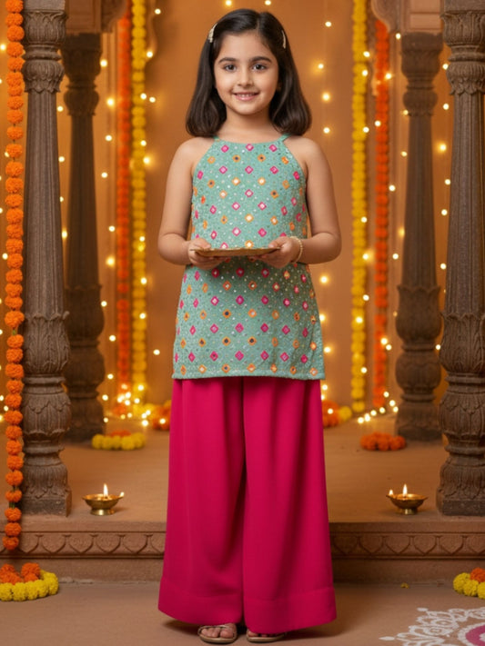 Girls Green Top and Pink Palazzo (Set of 2)