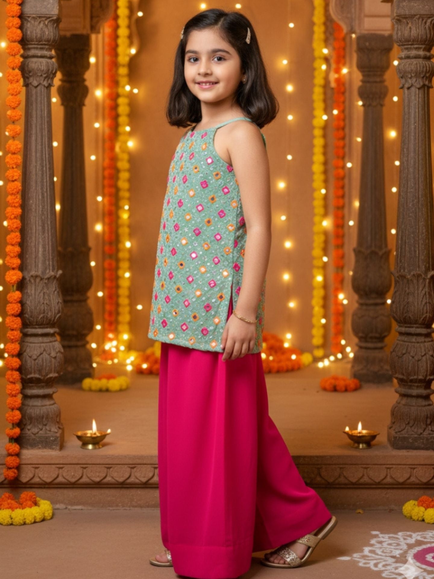 Girls Green Top and Pink Palazzo (Set of 2)