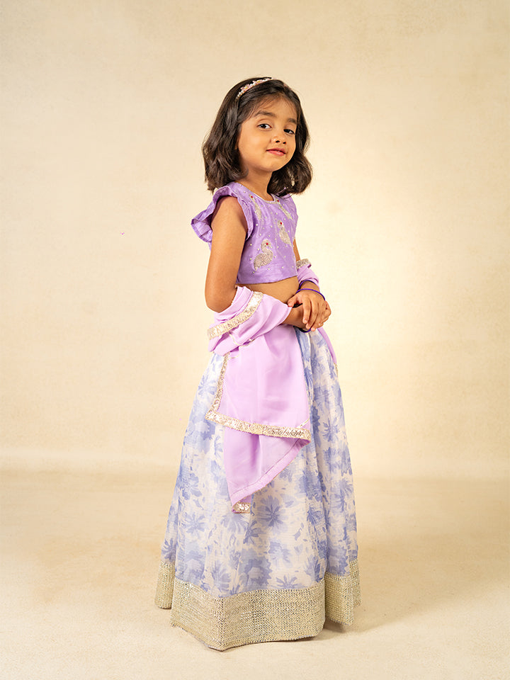 Girls Hand Embroidered Duck Top and Moonga Digital printed Lehenga with Dupatta (Set of 3)