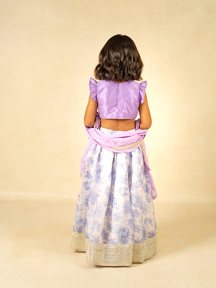 Girls Hand Embroidered Duck Top and Moonga Digital printed Lehenga with Dupatta (Set of 3)