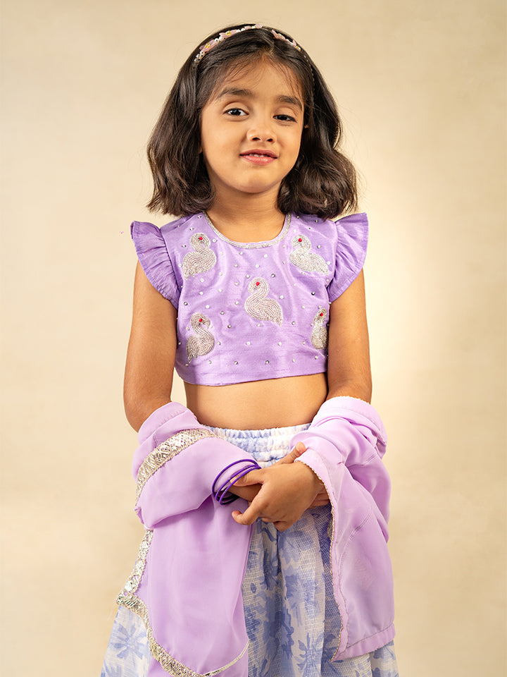 Girls Hand Embroidered Duck Top and Moonga Digital printed Lehenga with Dupatta (Set of 3)