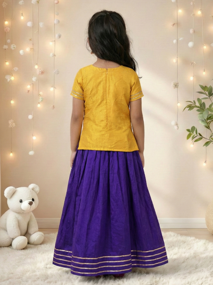 Girls Handworked Elephant Yellow Top and Purple Lehenga (Set of 2)