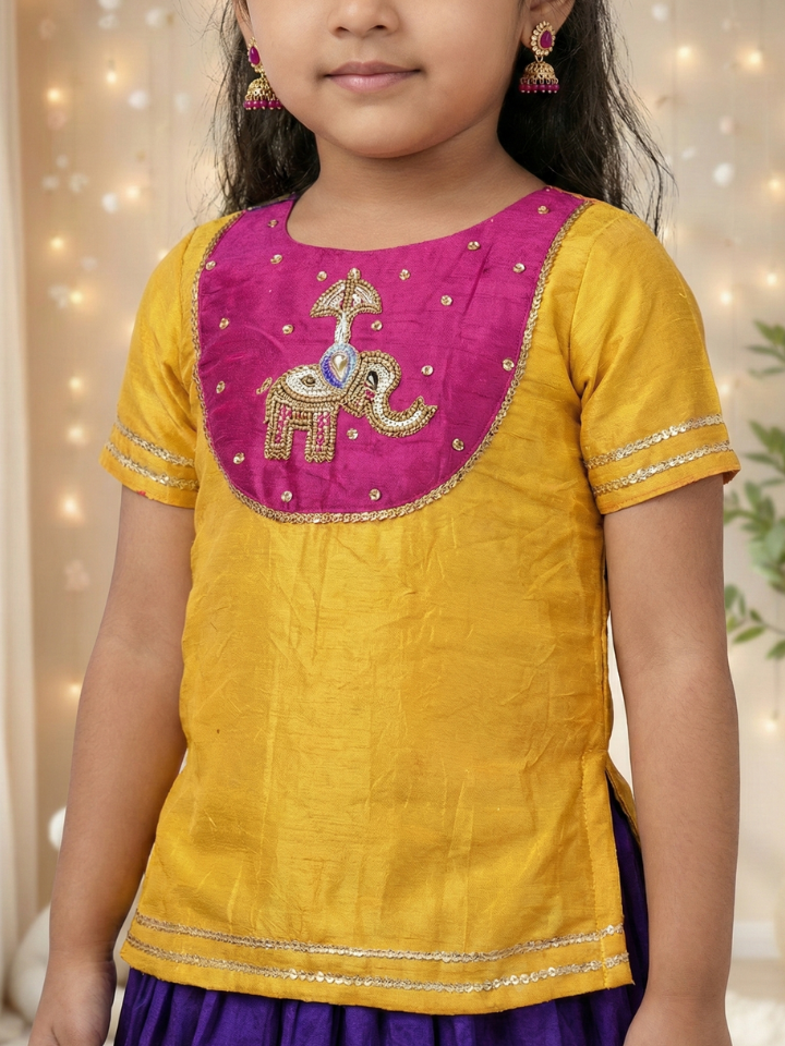 Girls Handworked Elephant Yellow Top and Purple Lehenga (Set of 2)