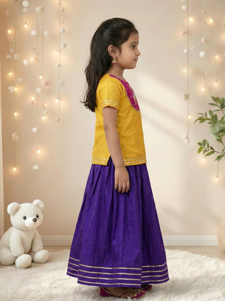 Girls Handworked Elephant Yellow Top and Purple Lehenga (Set of 2)