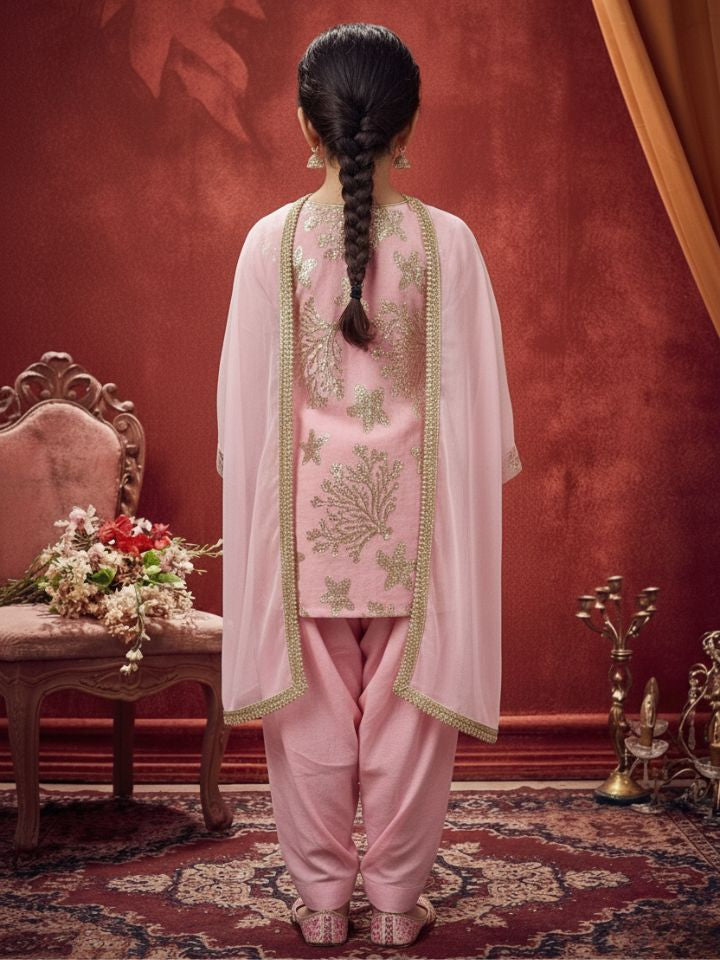 Girls Light Pink Cotton Salwar Kurti with Dupatta (Set of 3)