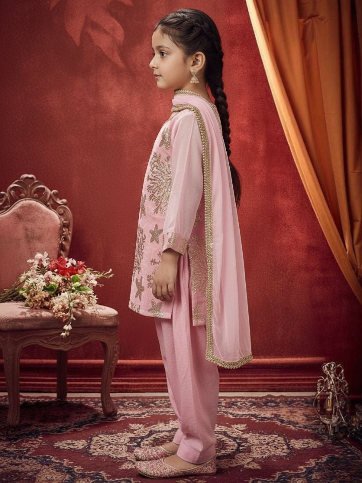 Girls Light Pink Cotton Salwar Kurti with Dupatta (Set of 3)