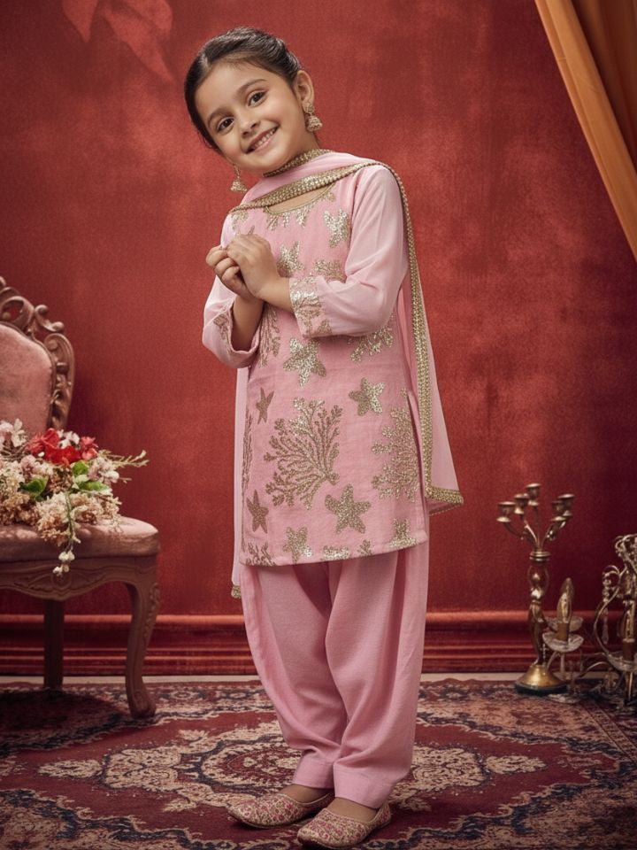 Girls Light Pink Cotton Salwar Kurti with Dupatta (Set of 3)