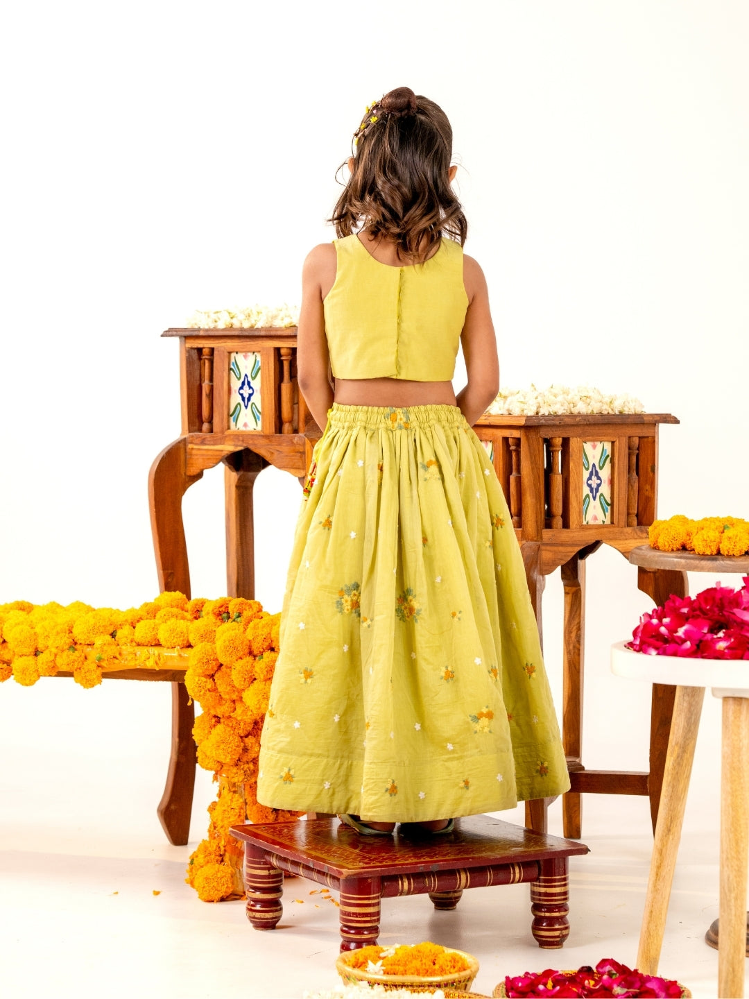 Girls Light Yellow Embroidered Top with Lehenga Set (Set of 2)
