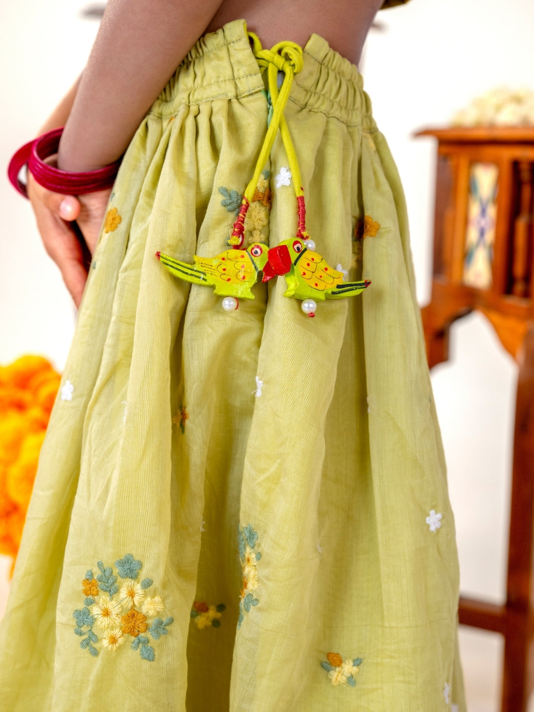 Girls Light Yellow Embroidered Top with Lehenga Set (Set of 2)