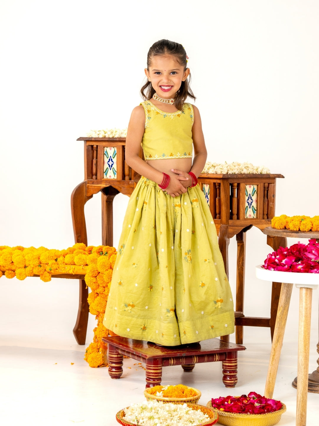 Girls Light Yellow Embroidered Top with Lehenga Set (Set of 2)