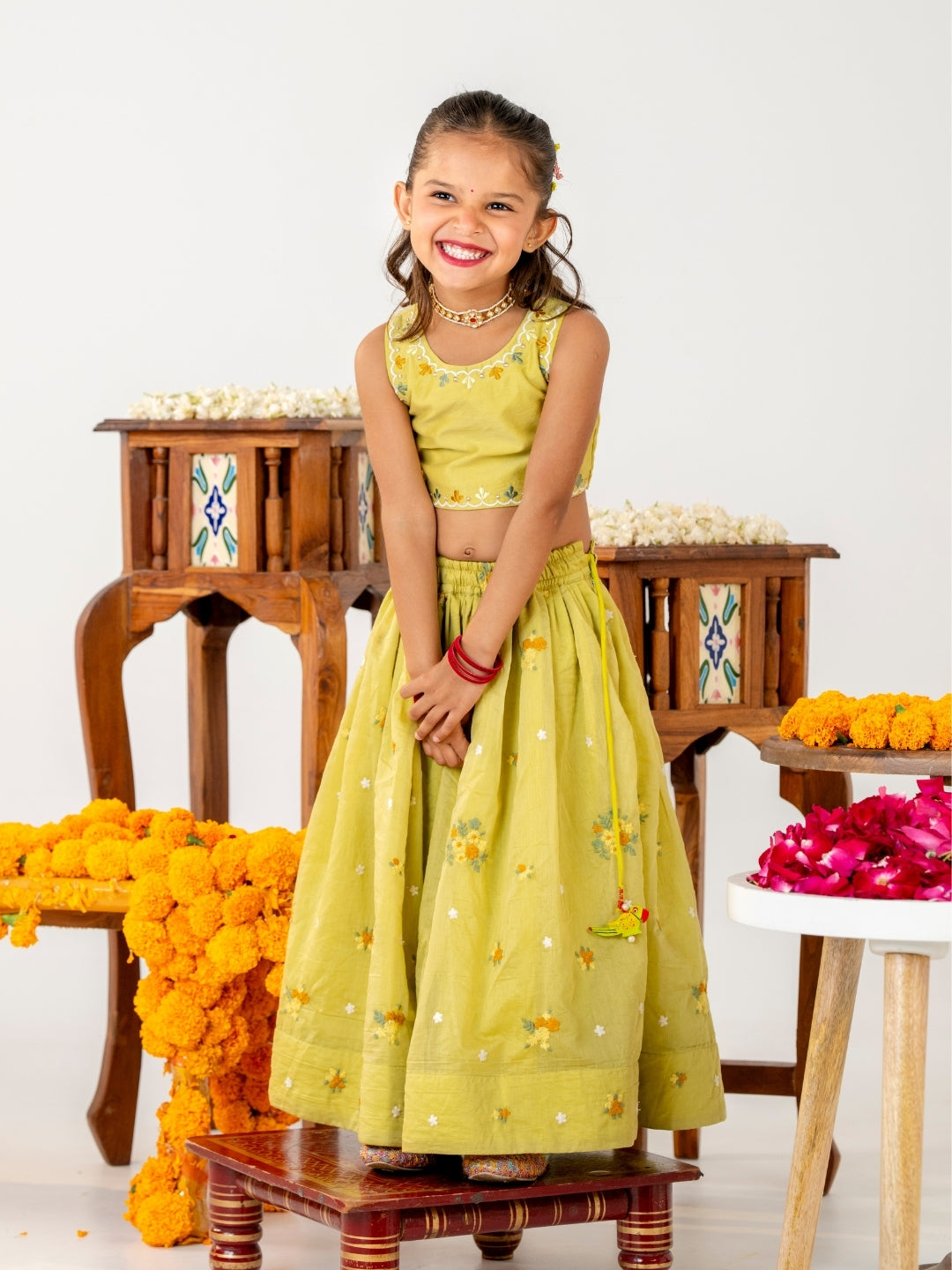Girls Light Yellow Embroidered Top with Lehenga Set (Set of 2)