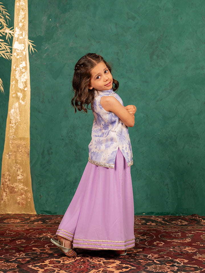 Girls Moonga Floral Digital Printed Cotton Ethnic Sleeveless Top with Purple Palazzo (Set of 2)