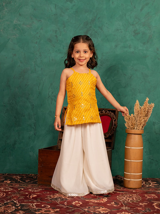 Girls Moonga Mirror Work Yellow Cotton Ethnic Sleeveless Strap Top with Off-White Palazzo (Set of 2)
