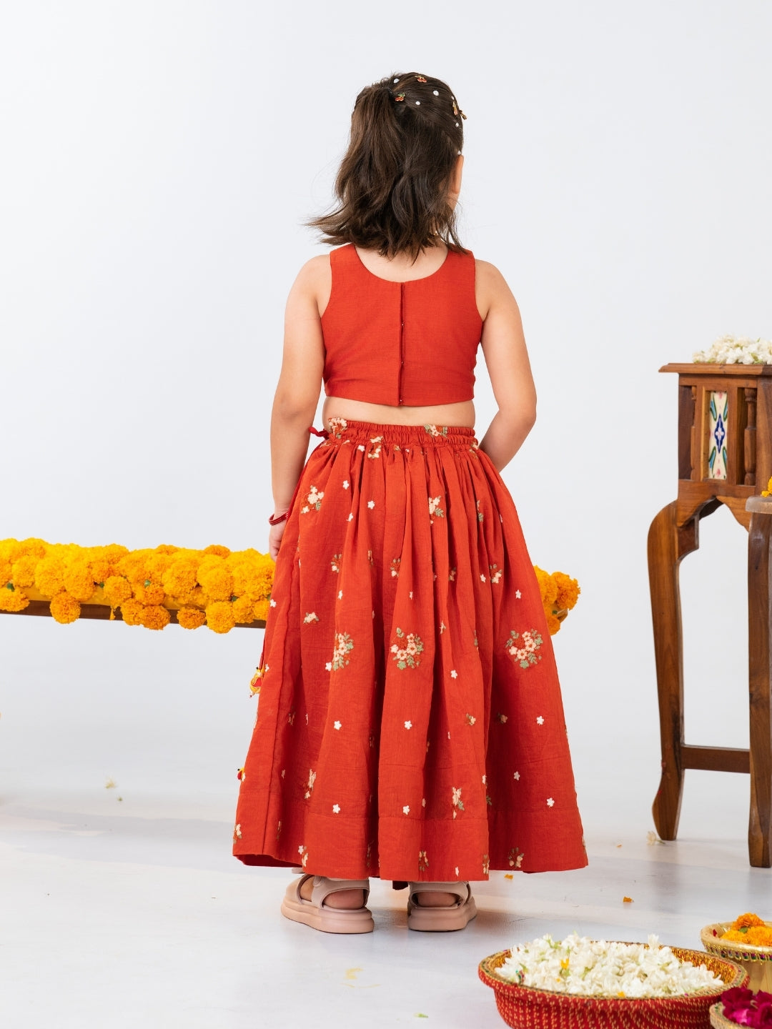 Girls Rust Orange Embroidered Top with Lehenga Set (Set of 2)