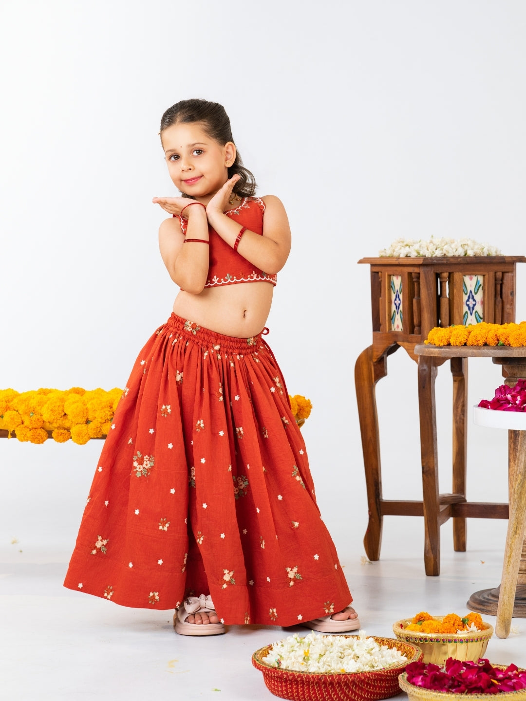 Girls Rust Orange Embroidered Top with Lehenga Set (Set of 2)