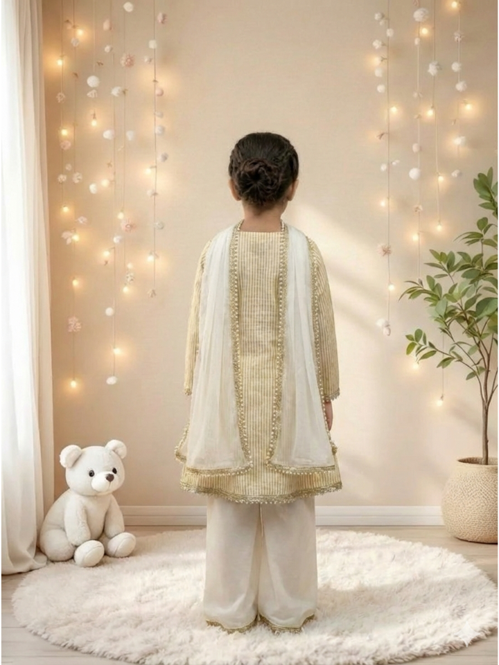 Girls Off-white Angarkha style Kurti with Palazzo and Dupatta (Set of 3)