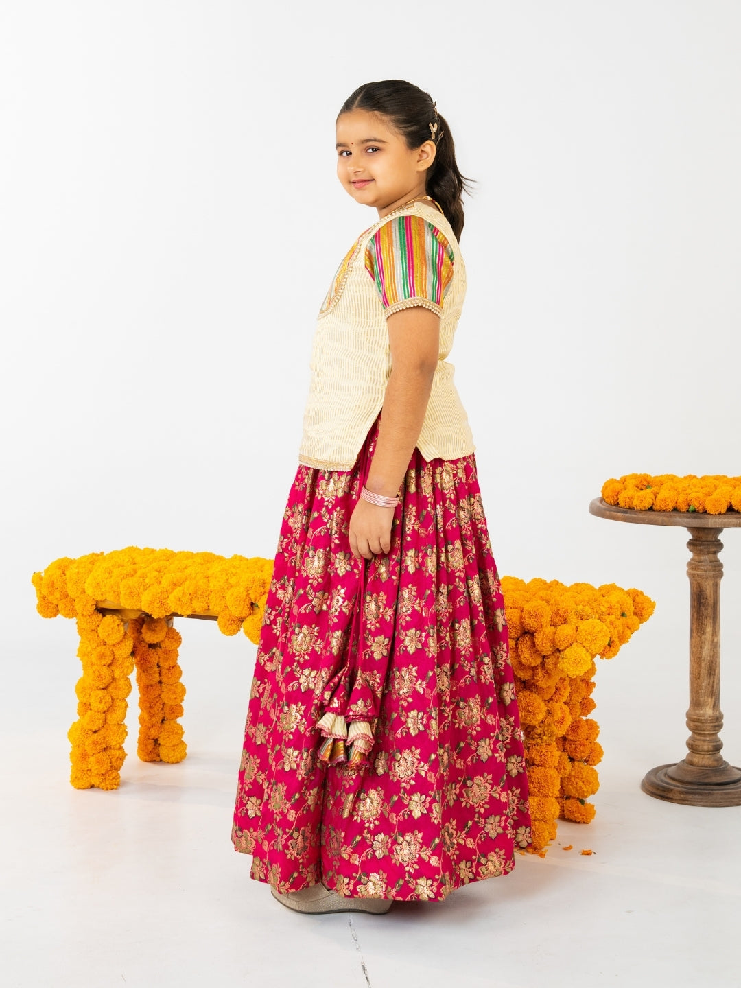 Girls Off White Top with Rani Pink Banarasi Lehenga Set (Set of 2)