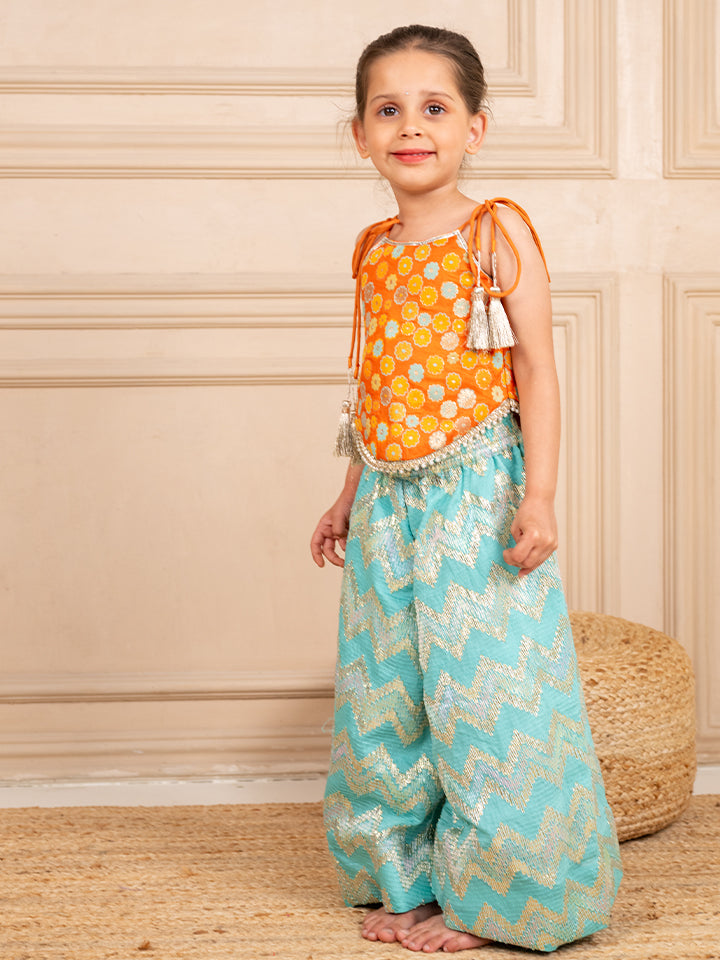 Girls Orange Brocade Top and Ocean Blue Zig Zag embroidered Palazzo (Set of 2)