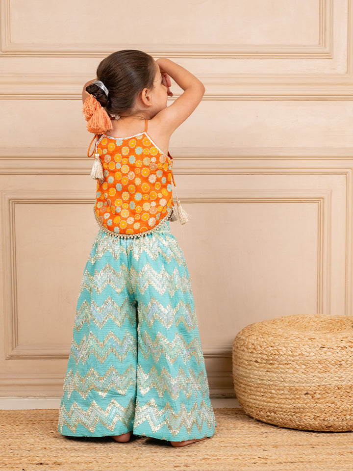 Girls Orange Brocade Top and Ocean Blue Zig Zag embroidered Palazzo (Set of 2)
