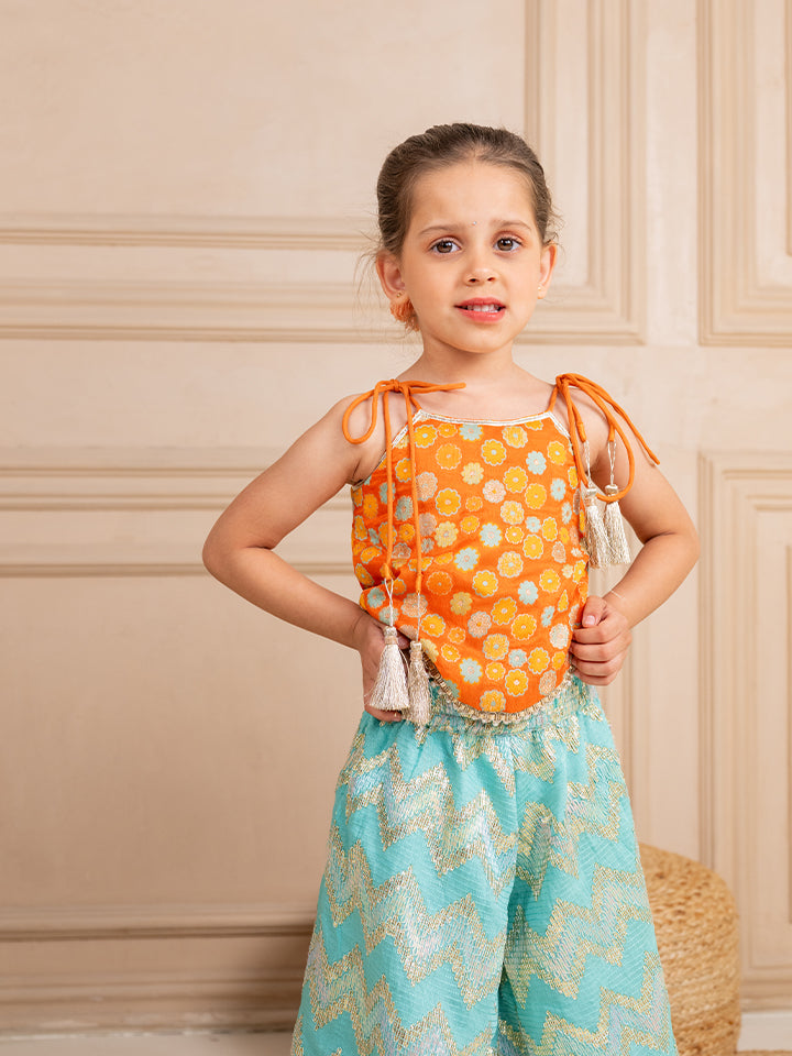 Girls Orange Brocade Top and Ocean Blue Zig Zag embroidered Palazzo (Set of 2)